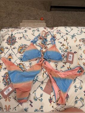 Dippin' Daisy's Pink Blue Orange Shimmer Striped Bikini Set